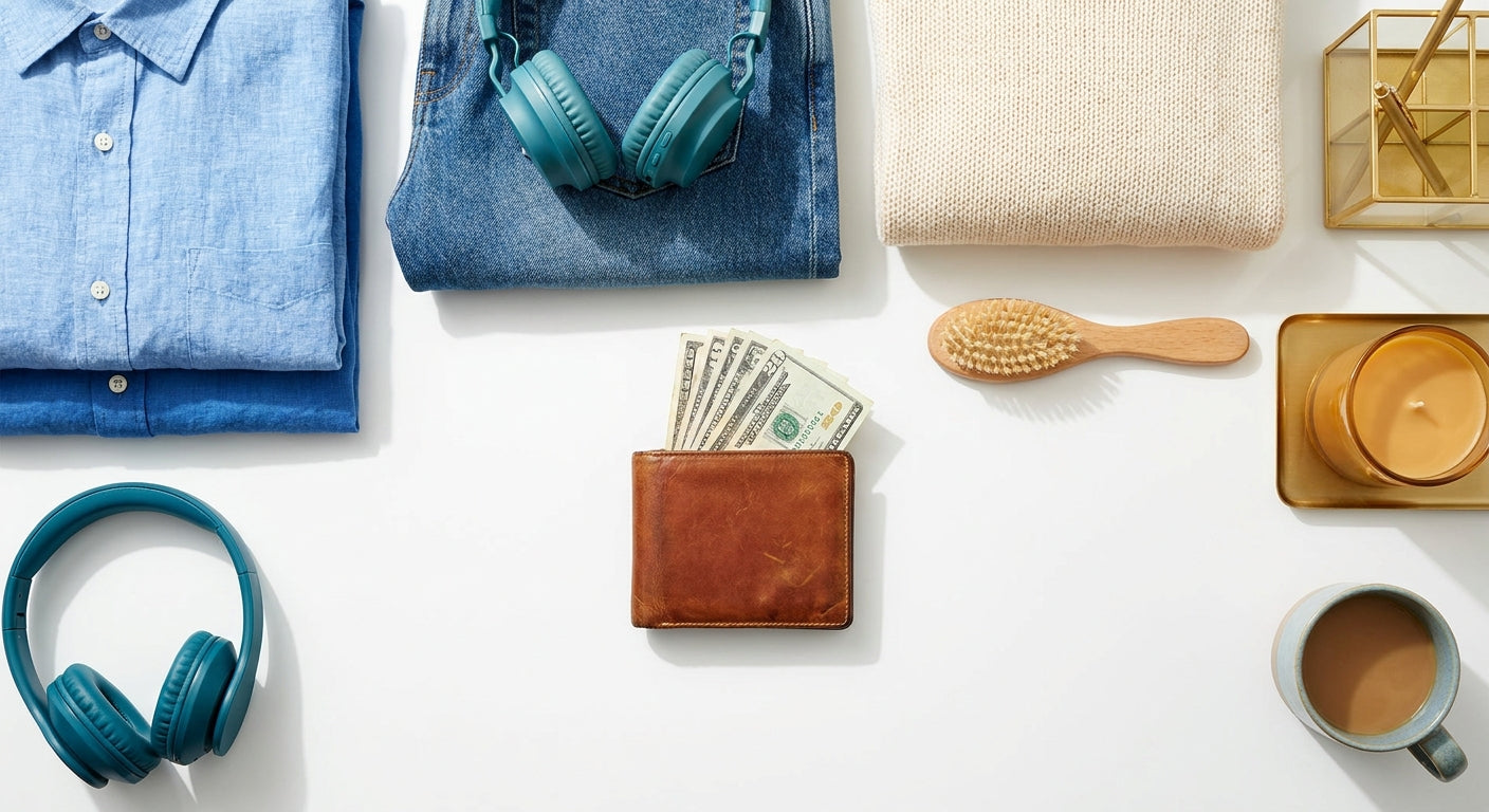 A flat lay of everyday consumer products including clothing, electronics, and home goods arranged around an open wallet with cash on a clean white surface.