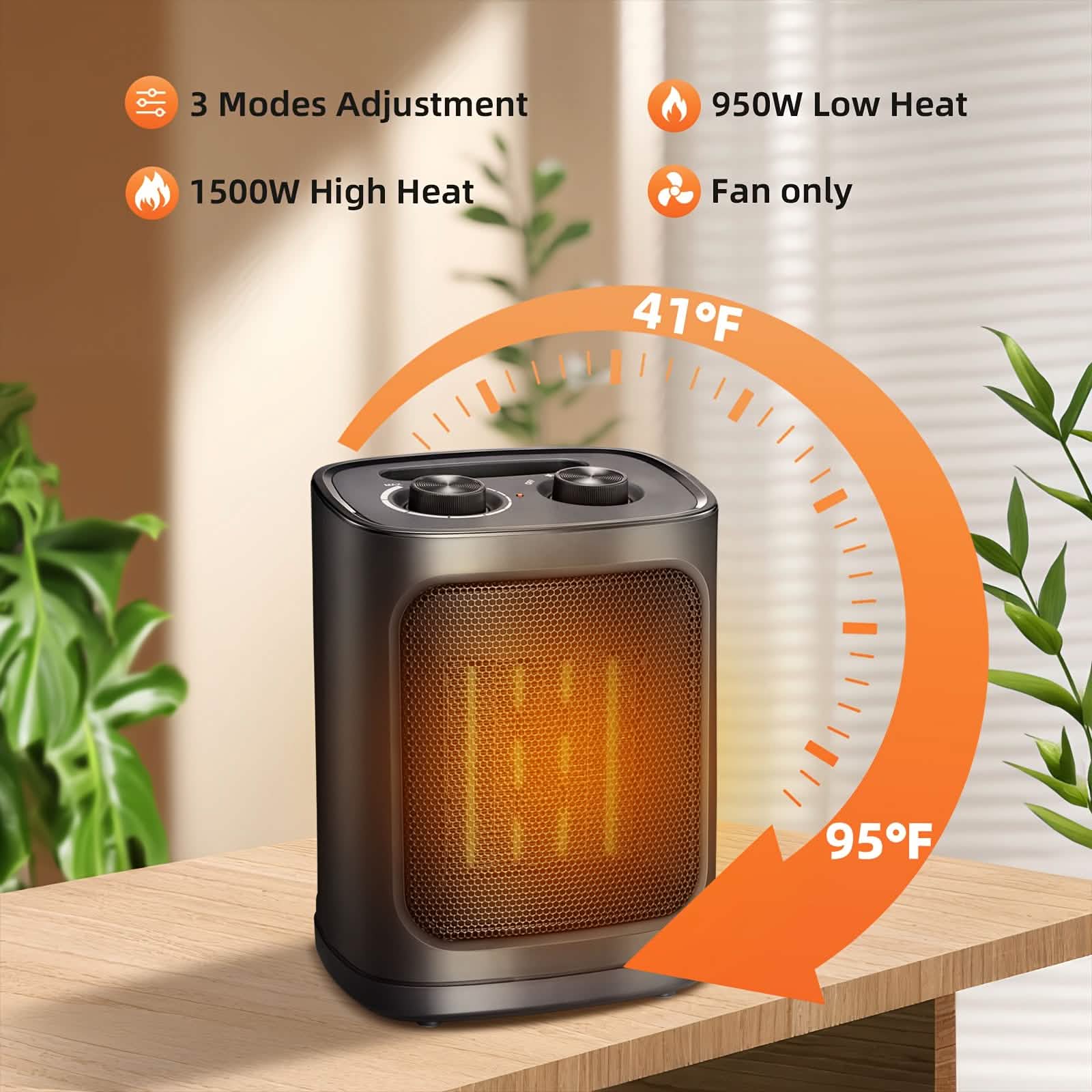 1500W Portable Ceramic Space Heater with Thermostat & Safety Protection with Carry Handle