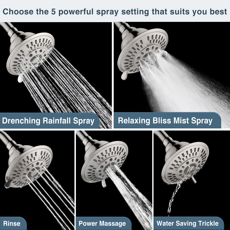 High Pressure 5-Spray Fixed Shower Head, Angle Adjustable