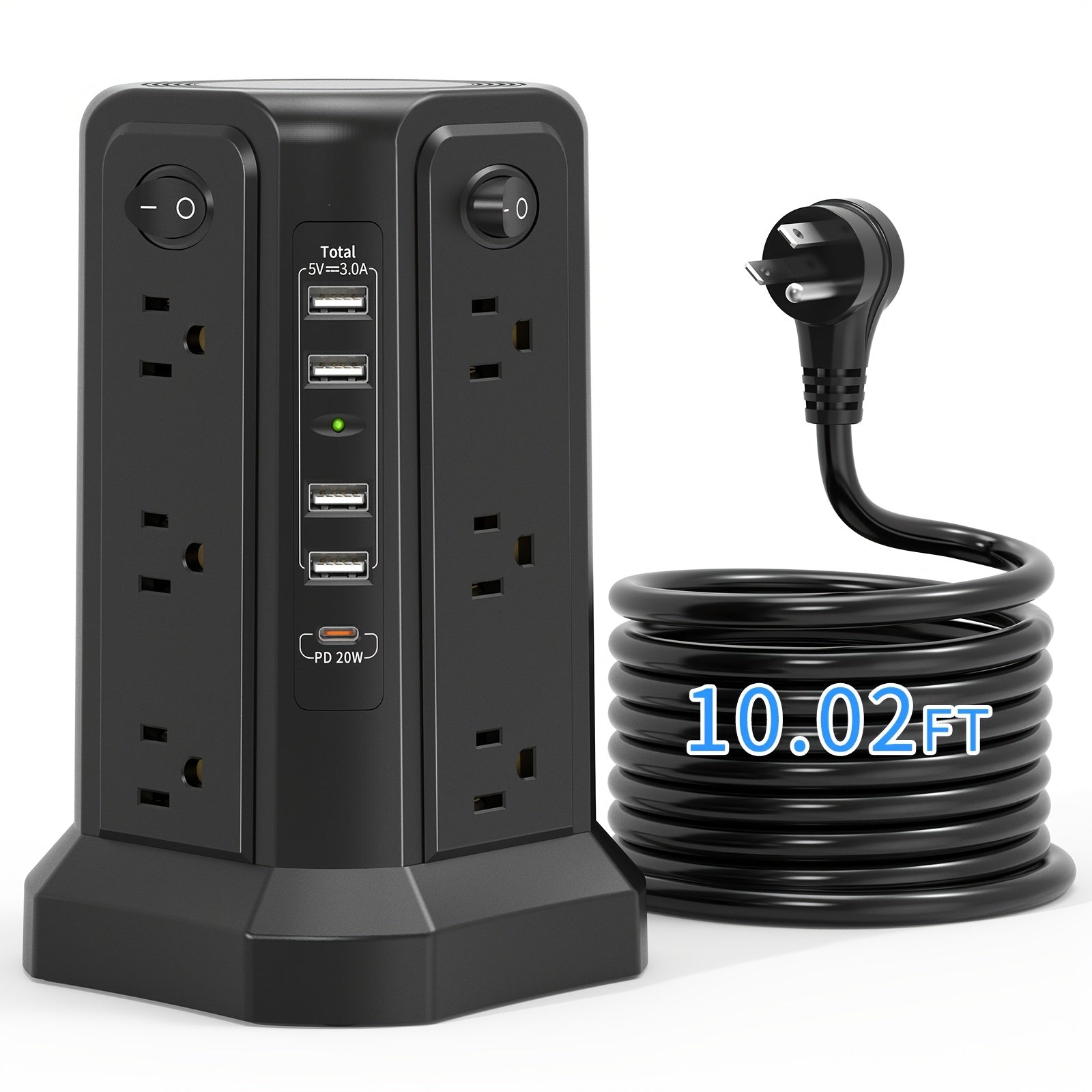 Surge Protector Tower 1800J with 4 USB A Ports, USB C (PD18W) Port, 12 AC Outlets and 10FT Cord