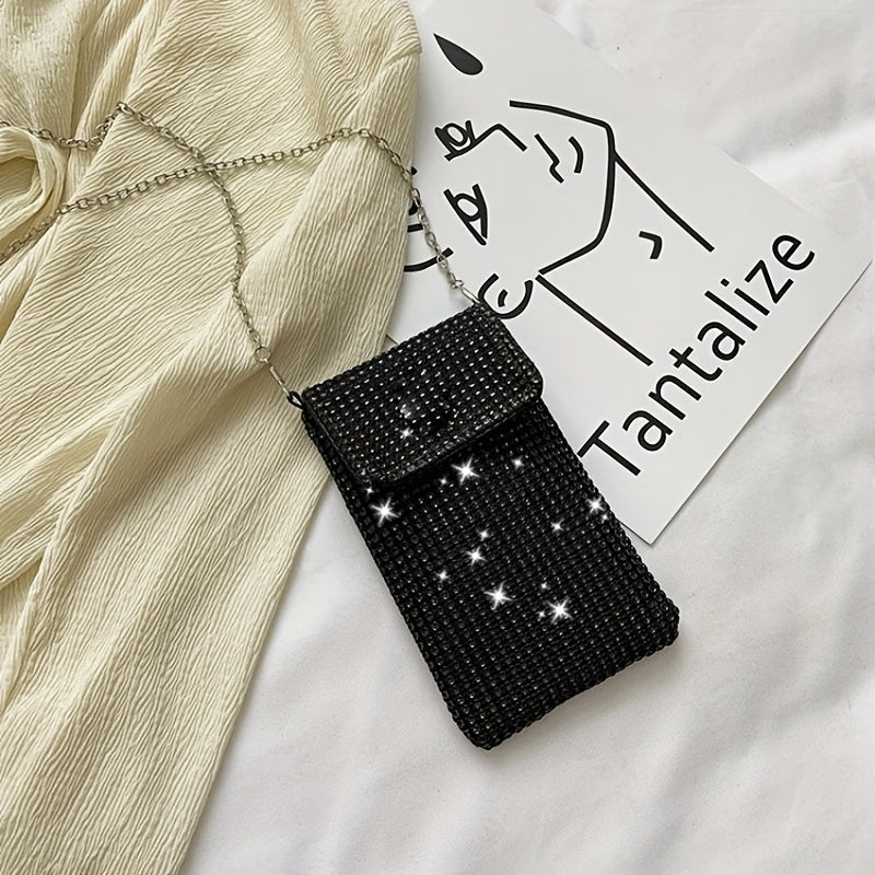 Black rhinestone mesh phone crossbody pouch with chain strap