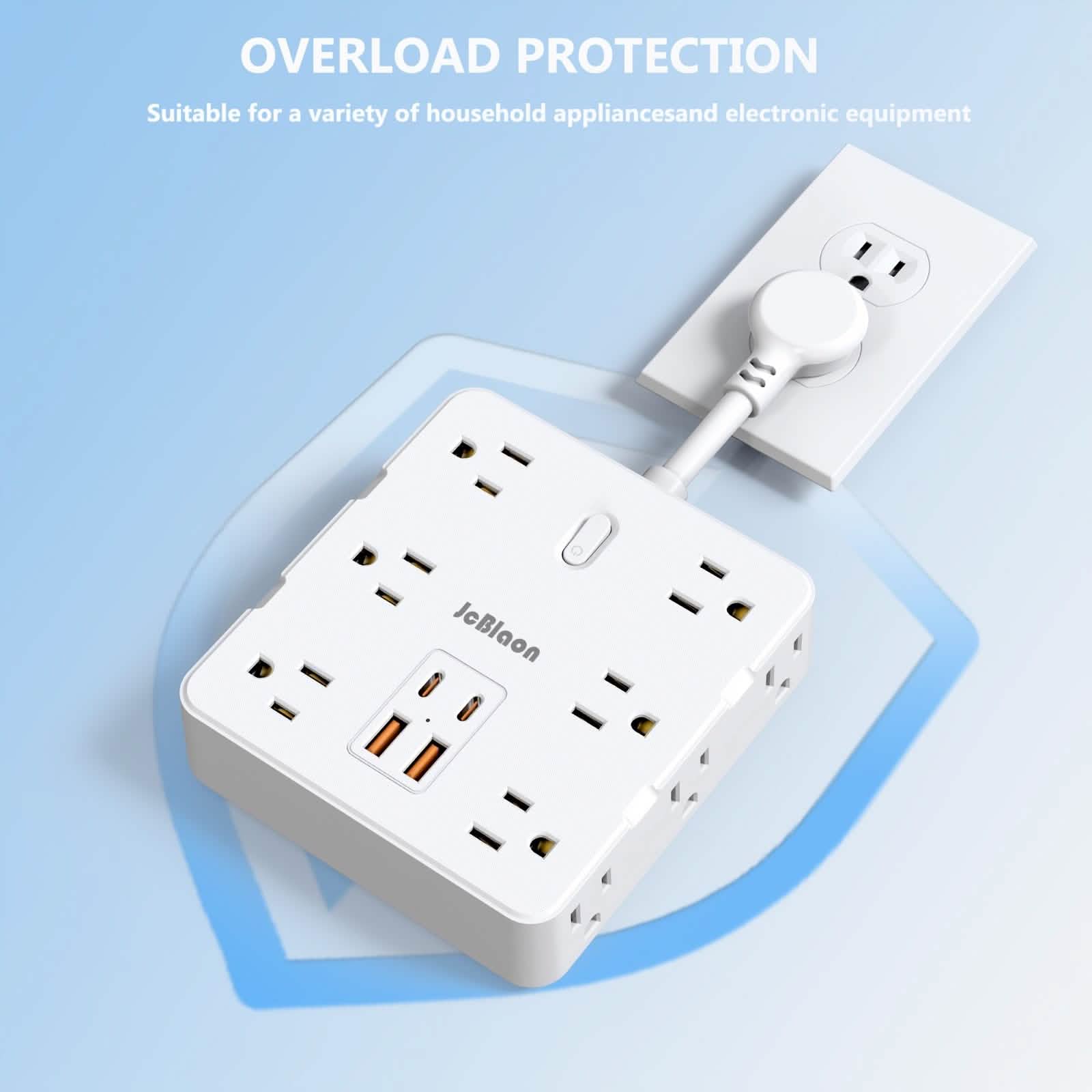 16-in-1 Power Strip – 12 AC Outlets & 4 USB Ports, White
