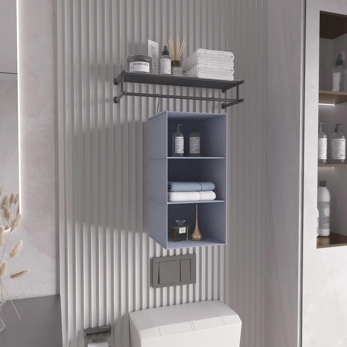 Organizer used for towels in a bathroom