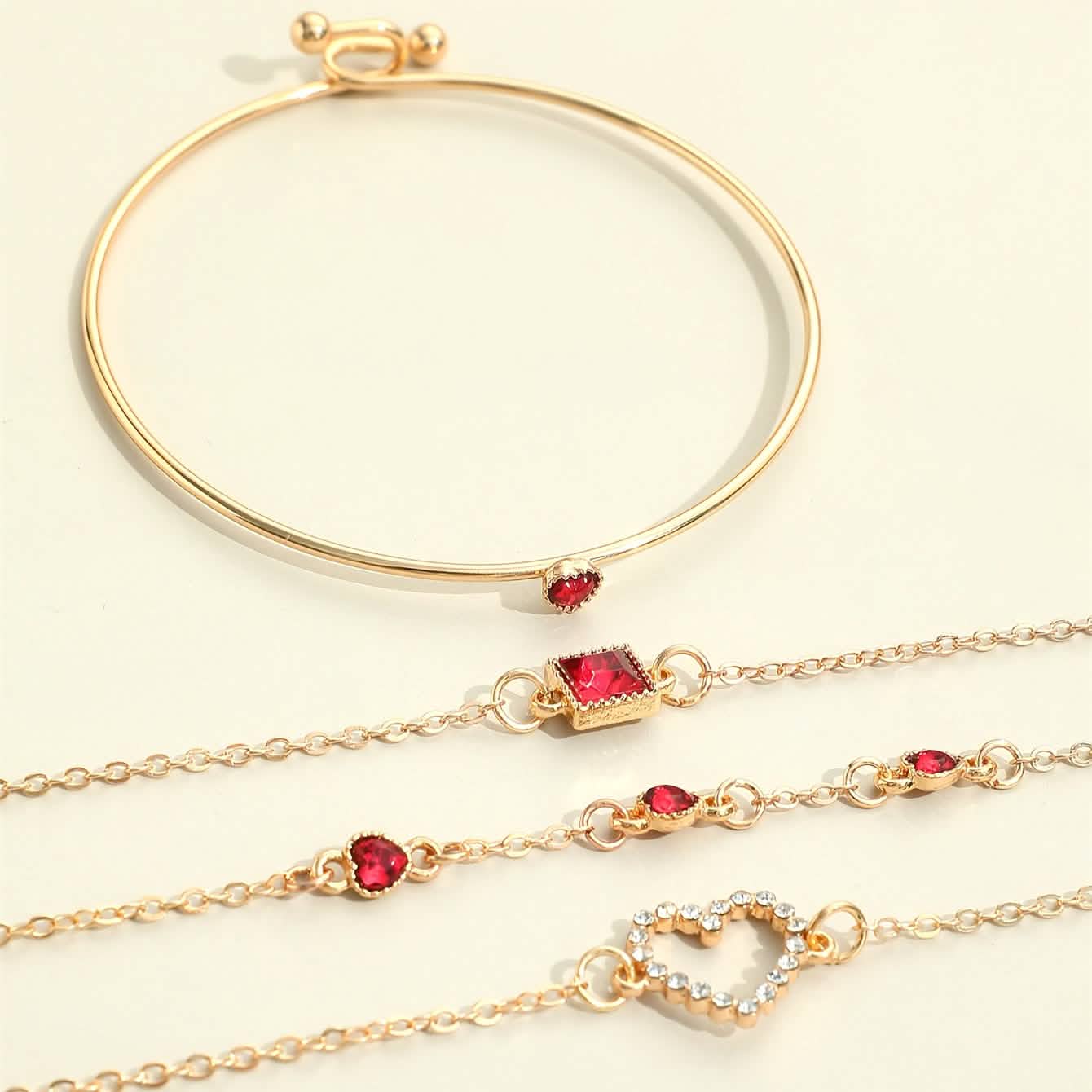 4pcs Rhinestone Alloy Bracelet Set – Minimalist Heart & Square Design
