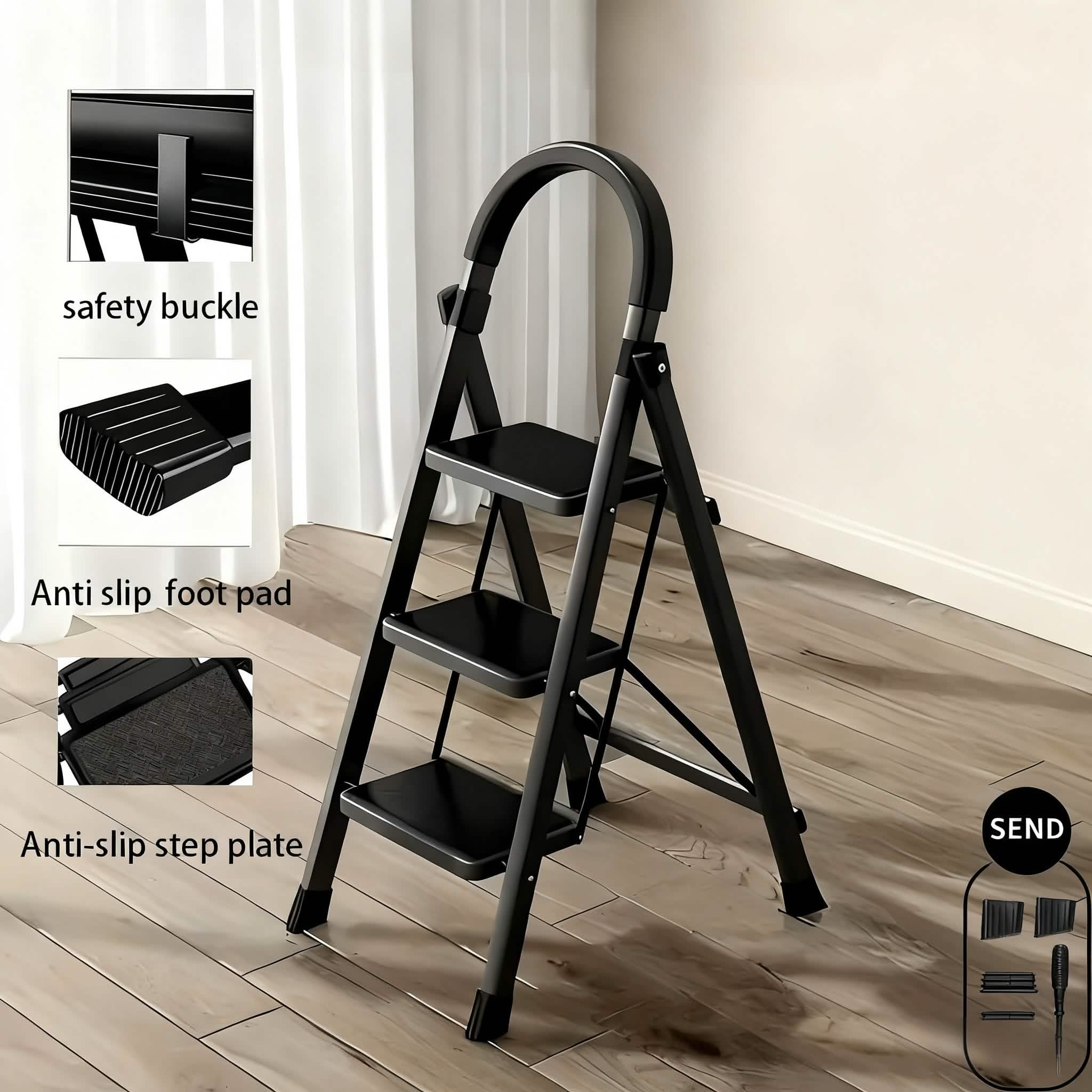 Folding 3/4-Step Ladder – Portable Steel Step Stool, Anti-Slip