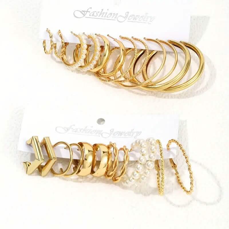 12-Pairs: Gold Hoop Earrings with Faux Pearl Decor Set Earrings - DailySale
