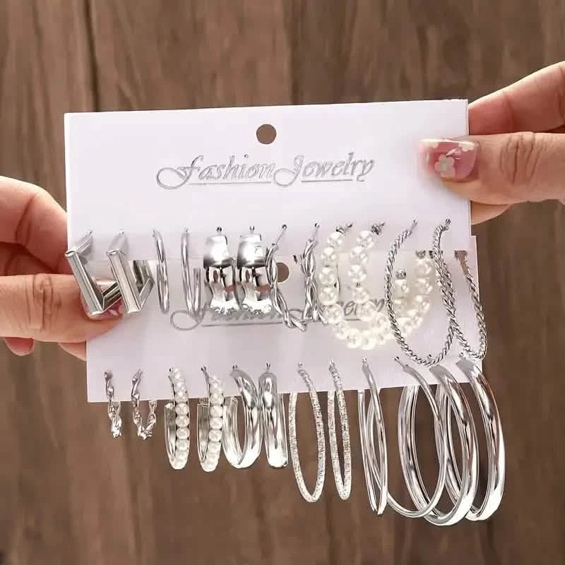 12-Pairs: Gold Hoop Earrings with Faux Pearl Decor Set Earrings Silver - DailySale