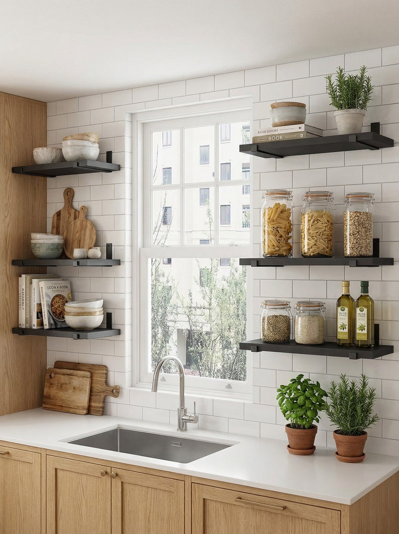 Rustic Wood Floating Wall Shelves with Metal Brackets