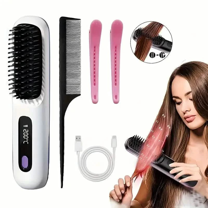 Portable Wireless Hair Straightener Comb – USB Rechargeable, 3-Speed, Negative Ion
