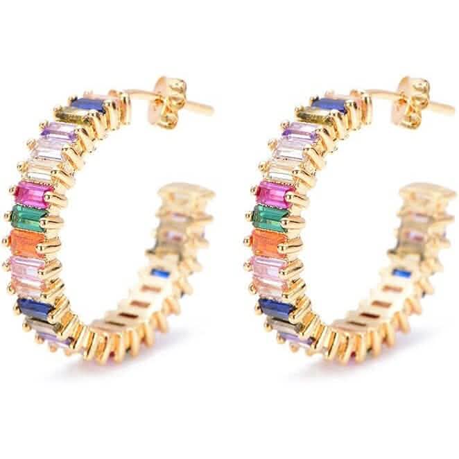 14K Gold Plated Cubic Zirconia Multicolor Rainbow Round Hoop Stud Earrings Earrings Gold - DailySale
