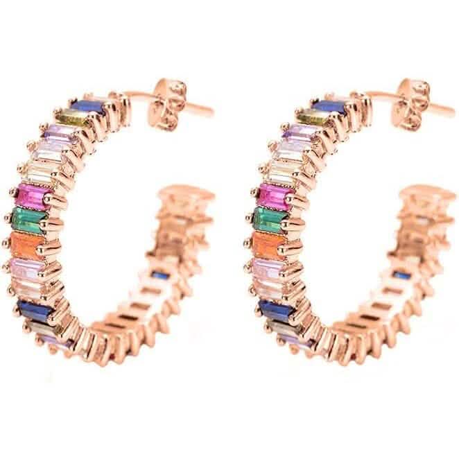 14K Gold Plated Cubic Zirconia Multicolor Rainbow Round Hoop Stud Earrings Earrings Rose Gold - DailySale