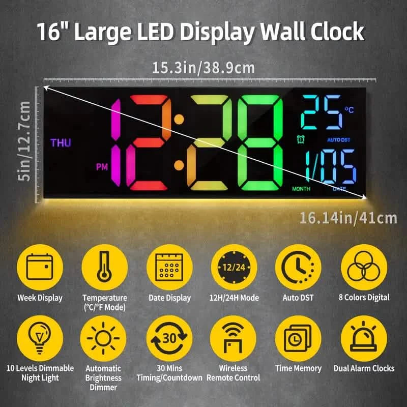 16.2" Large Display Digital Coloring Changing Wall Clock with Built-in Night Light Household Appliances - DailySale
