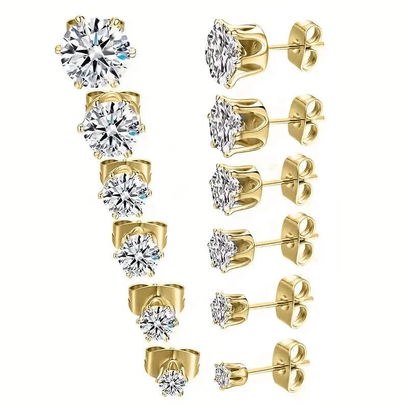18K Gold Plated Ear Bone Buckle Stainless Steel 6-Prong Zirconia Stud Earrings Earrings Gold 3mm - DailySale