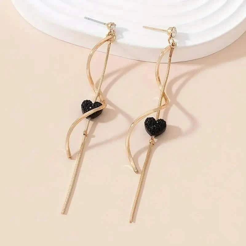 18K Gold Plated Spiral Lines Black Heart Design Dangle Earrings Earrings Black - DailySale