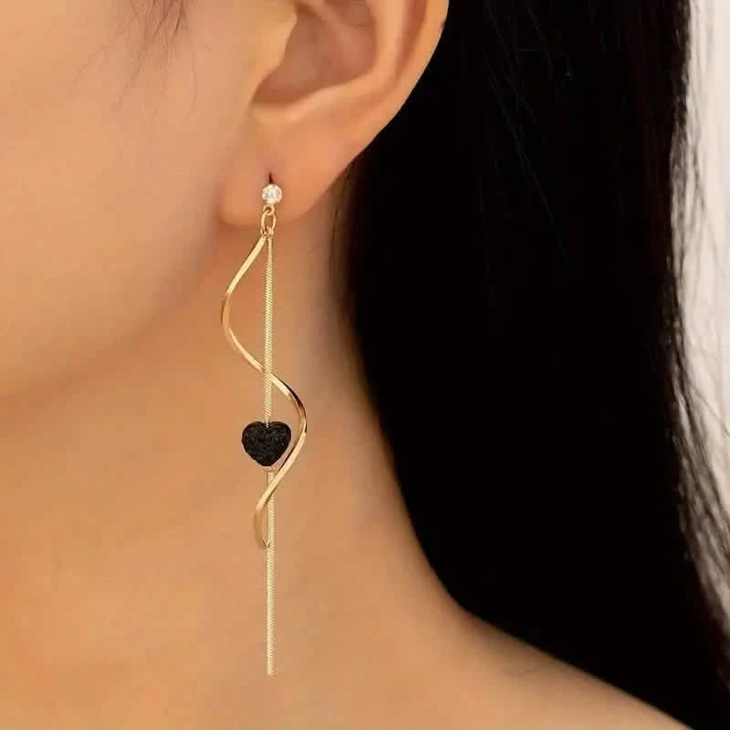 18K Gold Plated Spiral Lines Black Heart Design Dangle Earrings Earrings - DailySale