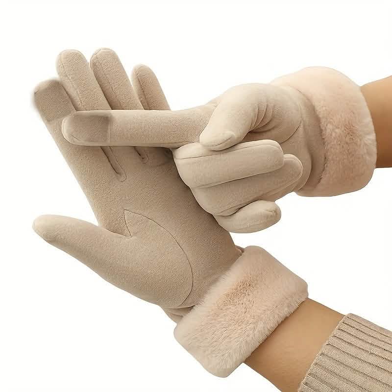 Cashmere Warm Suede Leather Plush Touch Screen Gloves