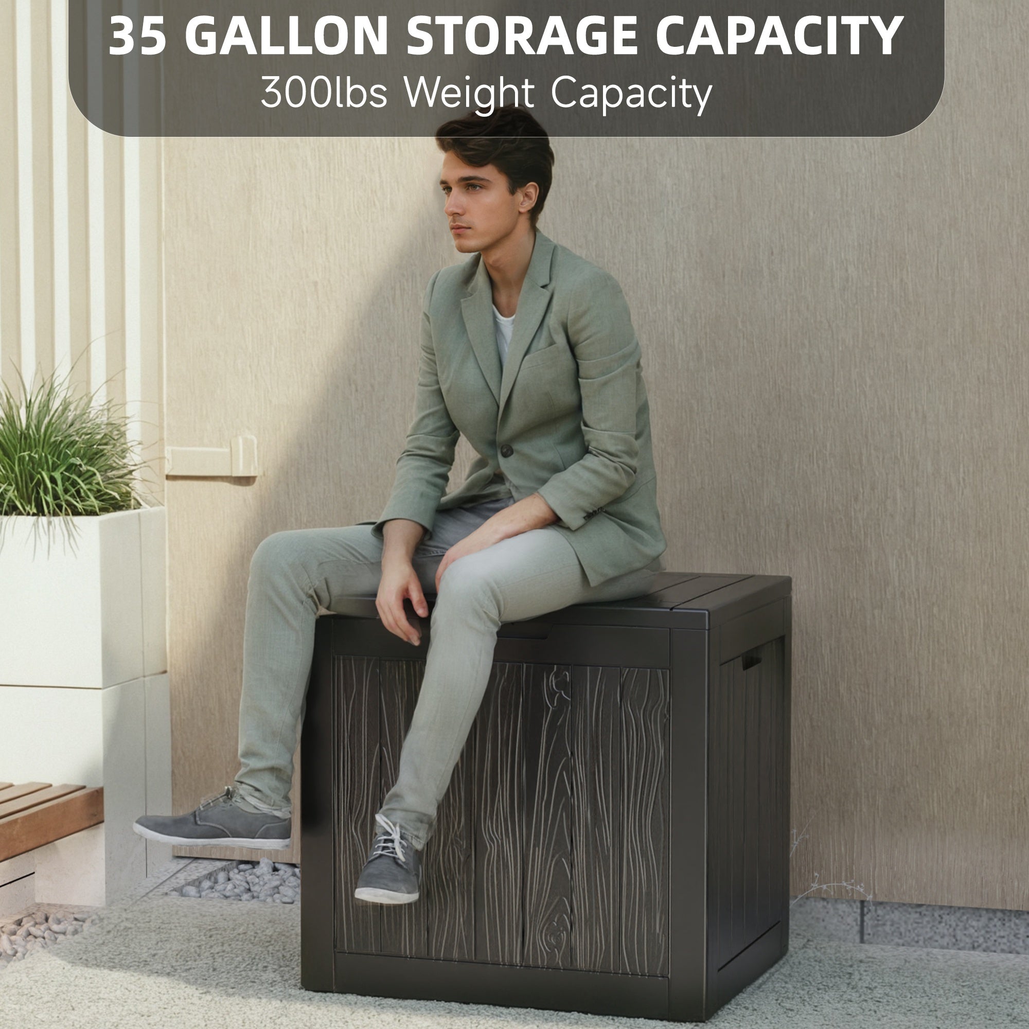 35 Gallon Outdoor Resin Storage Box – Black/Wood Grain