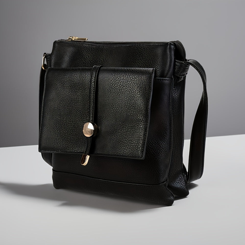 Black leather crossbody bag with front flap pocket