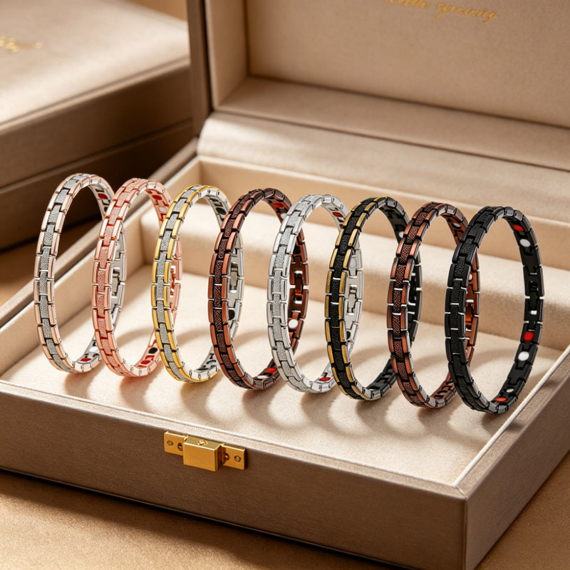 Magnetic link bracelets shown in a gift box