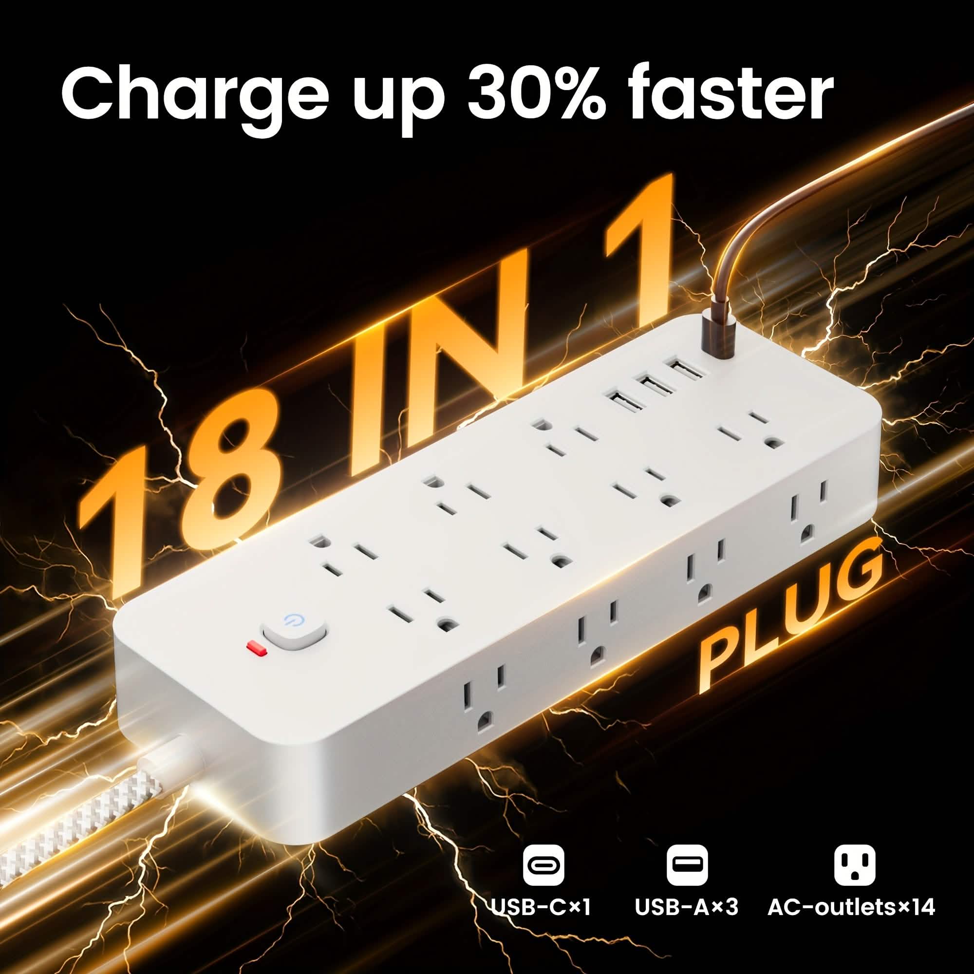 18-Outlet Power Strip with USB & Type-C – Surge Protection