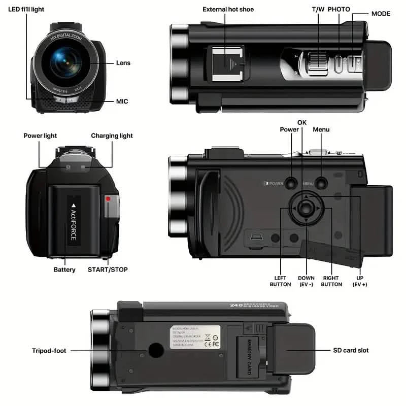 16x Zoom 1080P HD Digital Camera Bundle with 2 Batteries, 32G TF Card, Mic, Hood & Bag