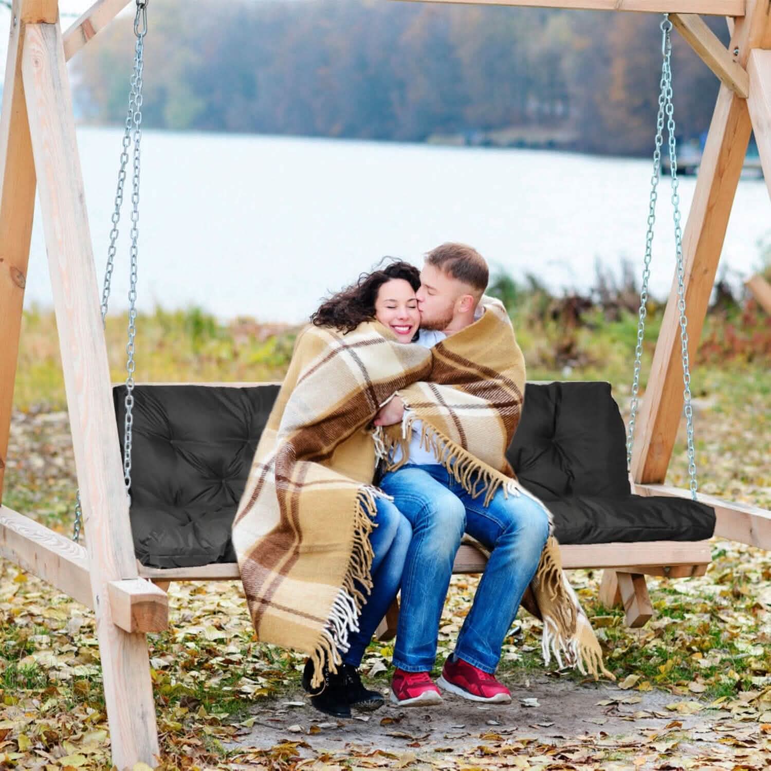 2-3 Seater Swing Cushion Replacement Swing Beach Pads with Backrest 8-Tie Straps Furniture & Decor - DailySale