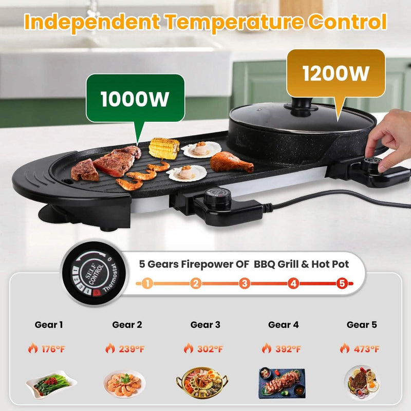 2-in-1 Electric Hot Pot with Bbq Grill Cooker 2200W Kitchen Appliances - DailySale