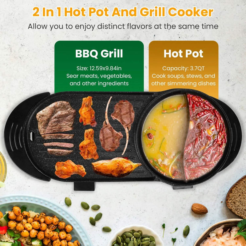 2-in-1 Electric Hot Pot with Bbq Grill Cooker 2200W Kitchen Appliances - DailySale