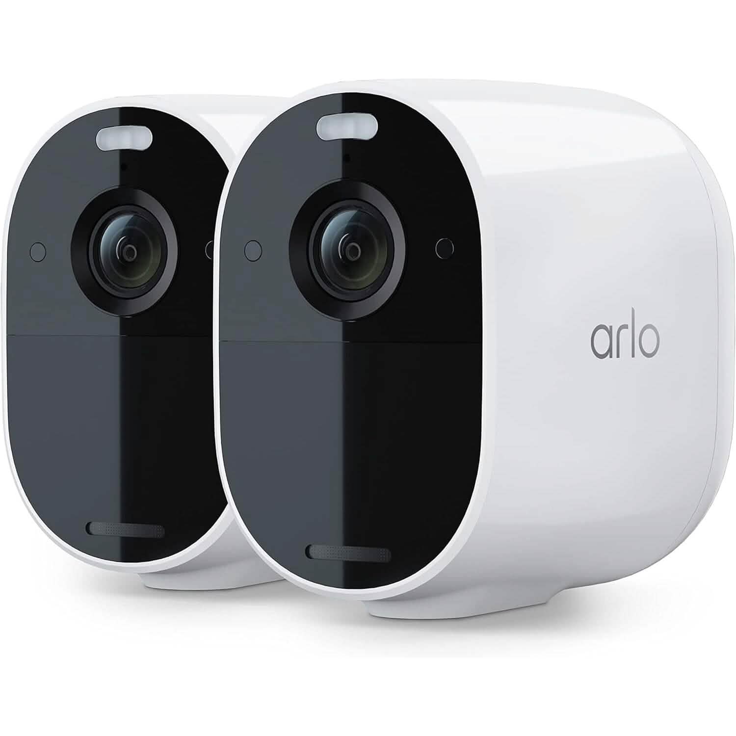 Two Arlo Essential Spotlight Cameras (Refurbished) placed side by side, available at Dailysale