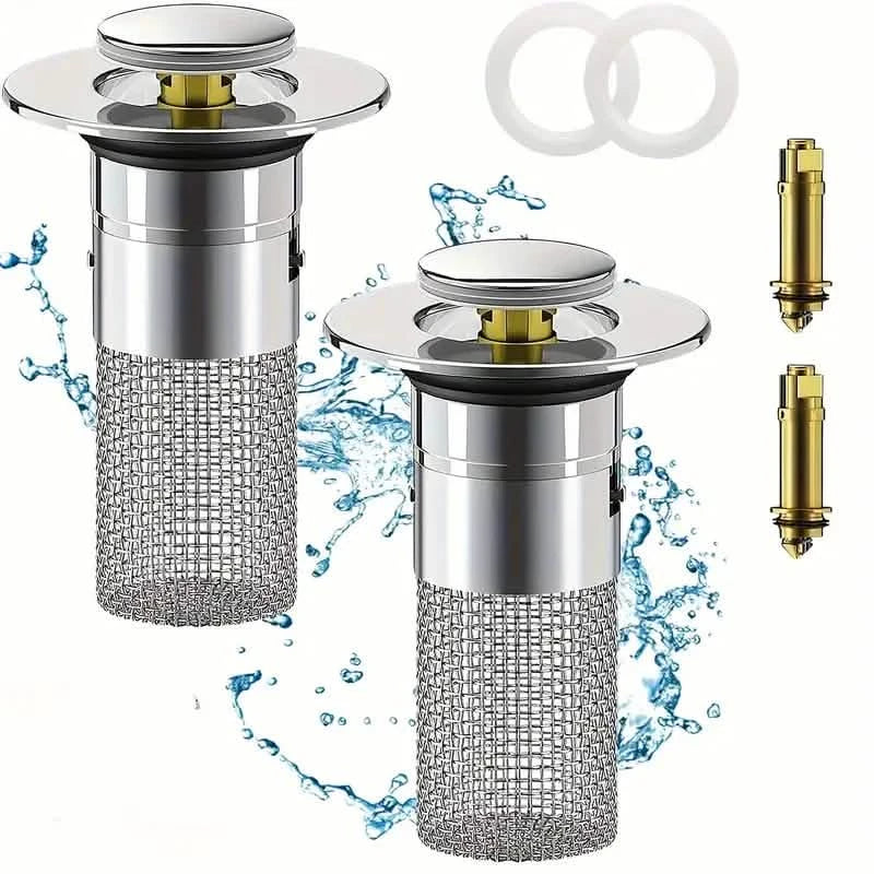 2-Pack: Pop-Up Bathroom Sink Stopper with Stainless Steel Drain Filter and Hair Catcher Bath - DailySale