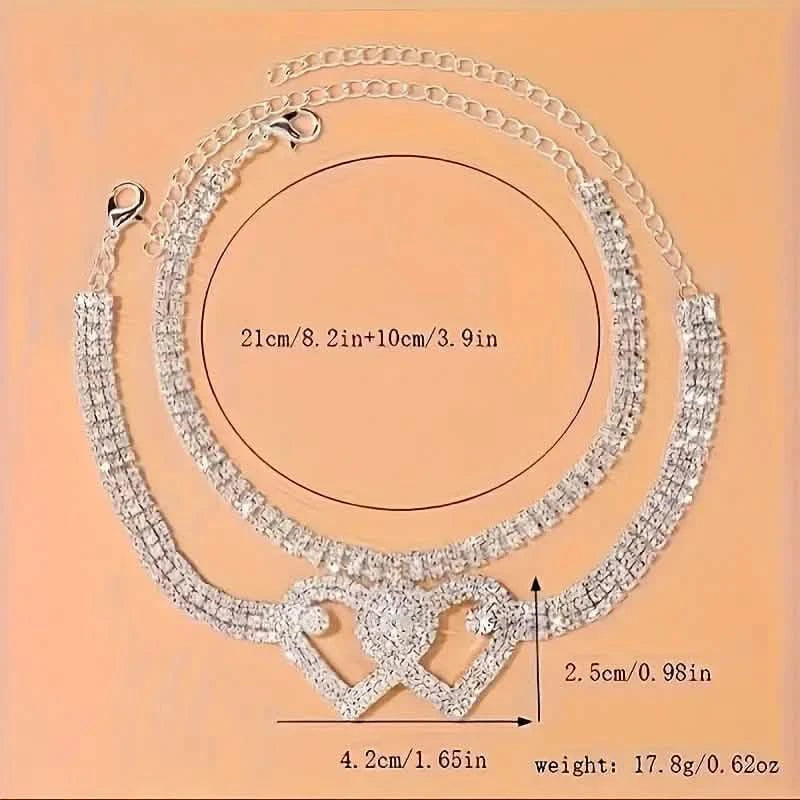 2-Piece Set: Double Love Heart Rhinestone Chain Anklet Set Bracelets - DailySale