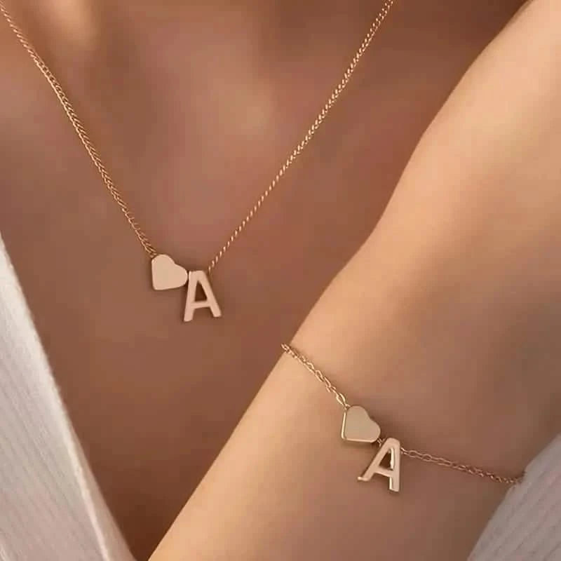 2-Piece Set: Metal Heart And English Letter Necklace And Bracelet Necklaces A - DailySale