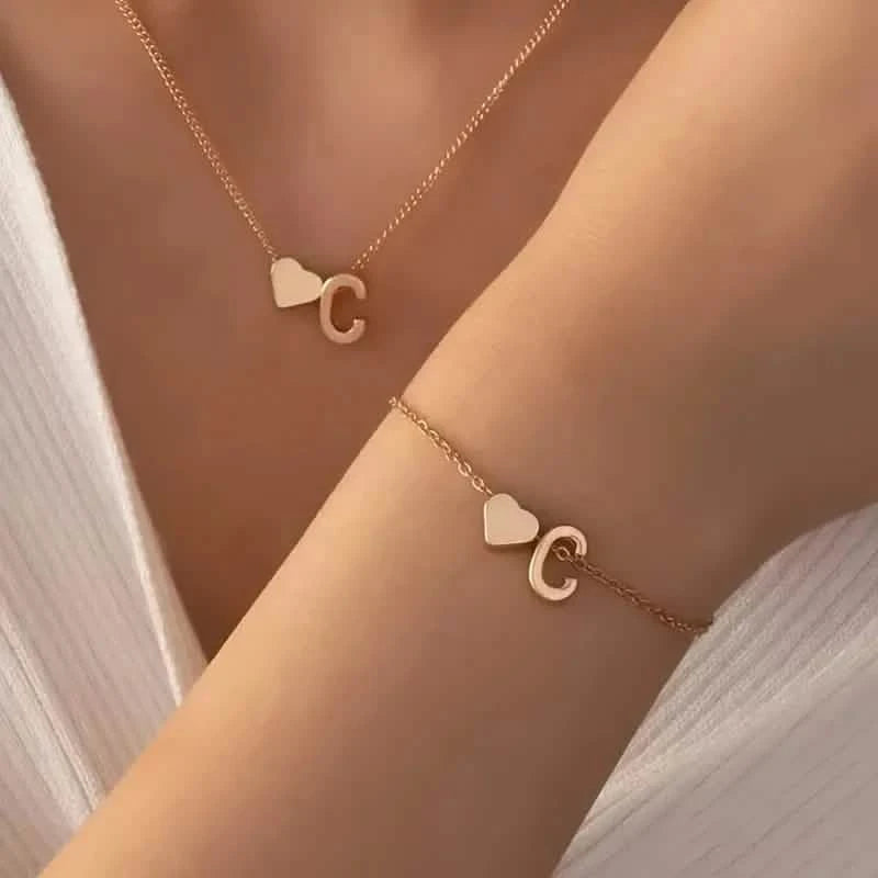 2-Piece Set: Metal Heart And English Letter Necklace And Bracelet Necklaces C - DailySale