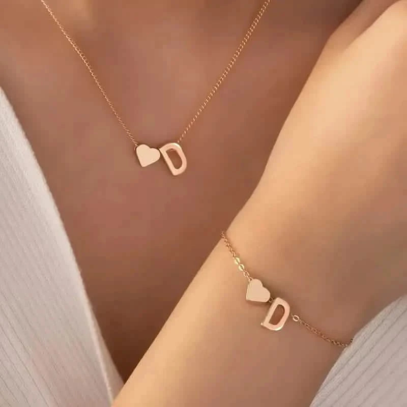 2-Piece Set: Metal Heart And English Letter Necklace And Bracelet Necklaces D - DailySale