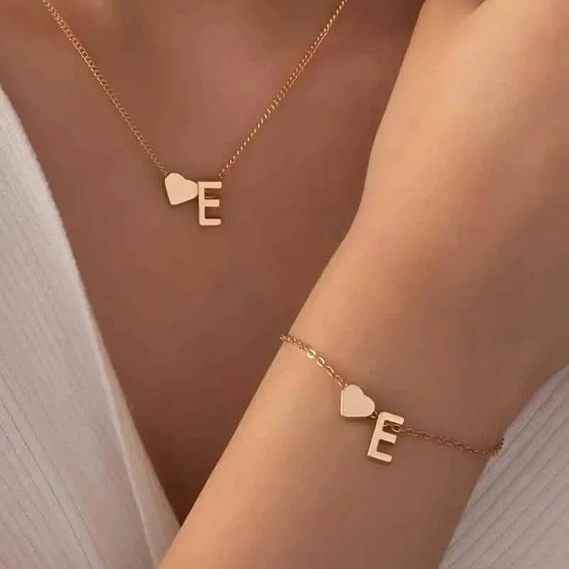 2-Piece Set: Metal Heart And English Letter Necklace And Bracelet Necklaces E - DailySale
