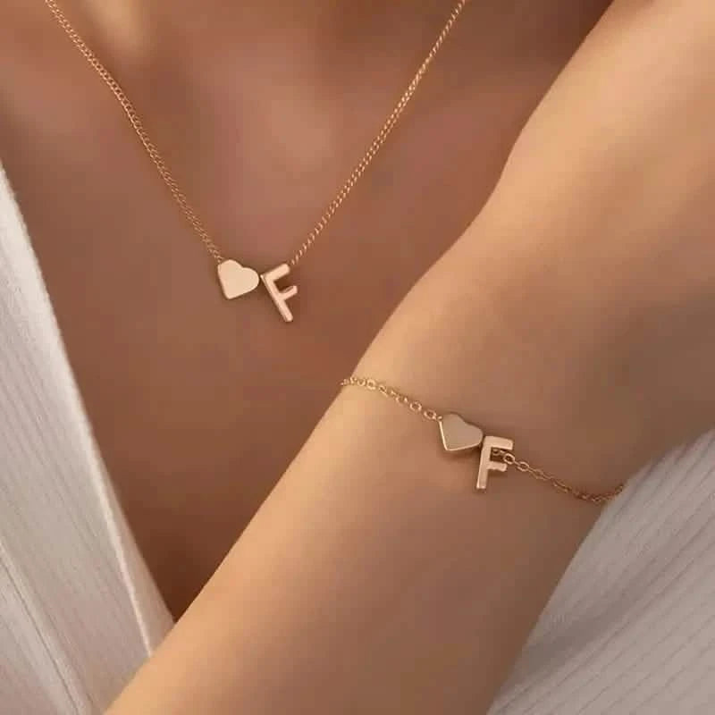2-Piece Set: Metal Heart And English Letter Necklace And Bracelet Necklaces F - DailySale