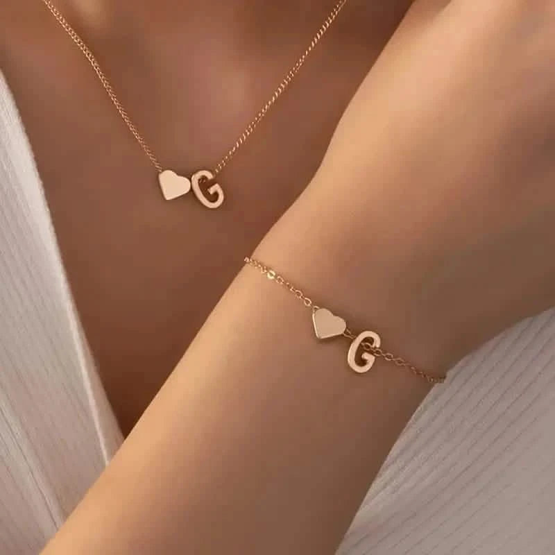 2-Piece Set: Metal Heart And English Letter Necklace And Bracelet Necklaces G - DailySale