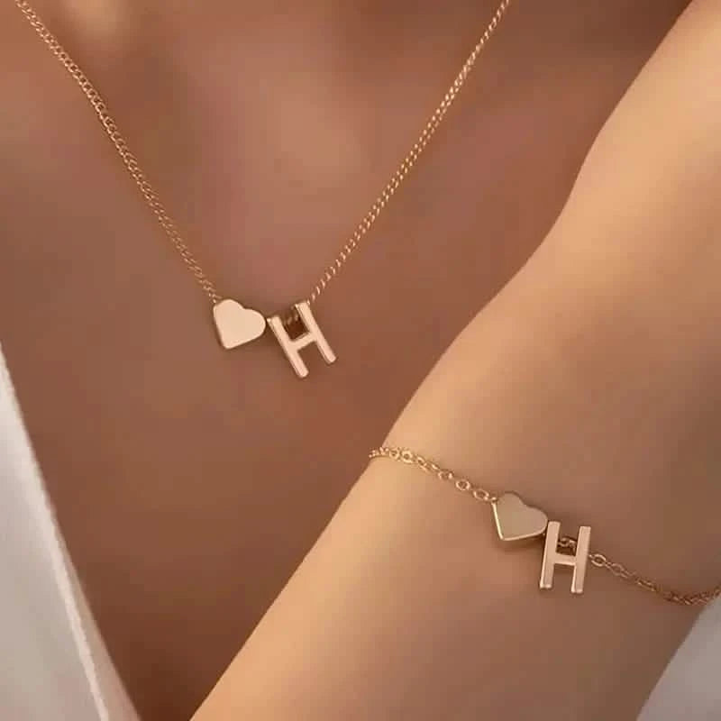 2-Piece Set: Metal Heart And English Letter Necklace And Bracelet Necklaces H - DailySale