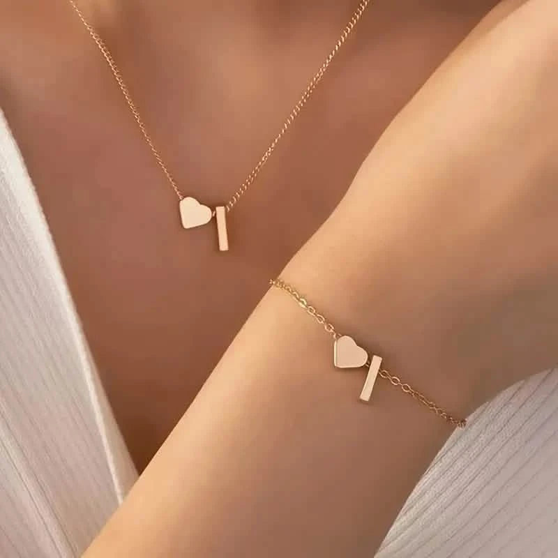 2-Piece Set: Metal Heart And English Letter Necklace And Bracelet Necklaces I - DailySale