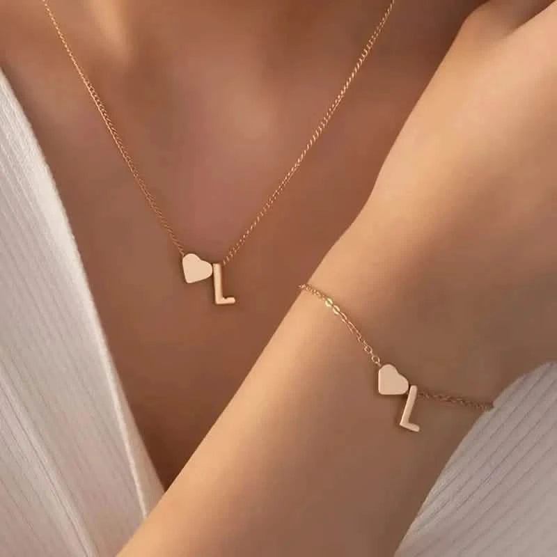 2-Piece Set: Metal Heart And English Letter Necklace And Bracelet Necklaces L - DailySale
