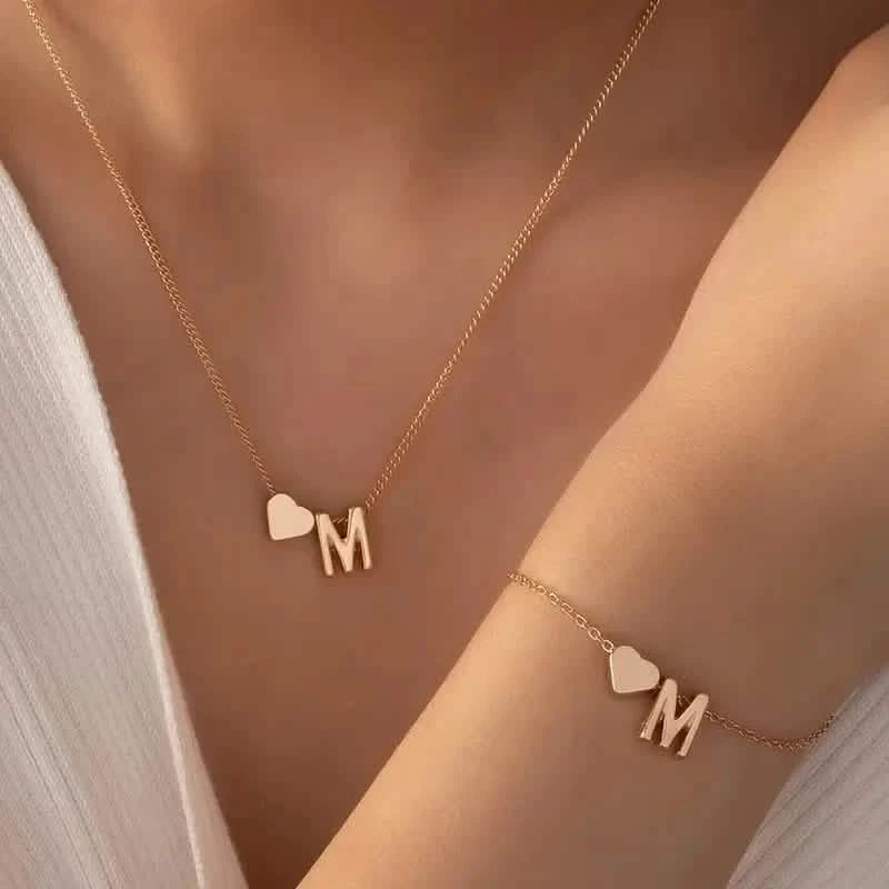 2-Piece Set: Metal Heart And English Letter Necklace And Bracelet Necklaces M - DailySale