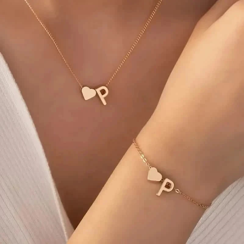 2-Piece Set: Metal Heart And English Letter Necklace And Bracelet Necklaces P - DailySale