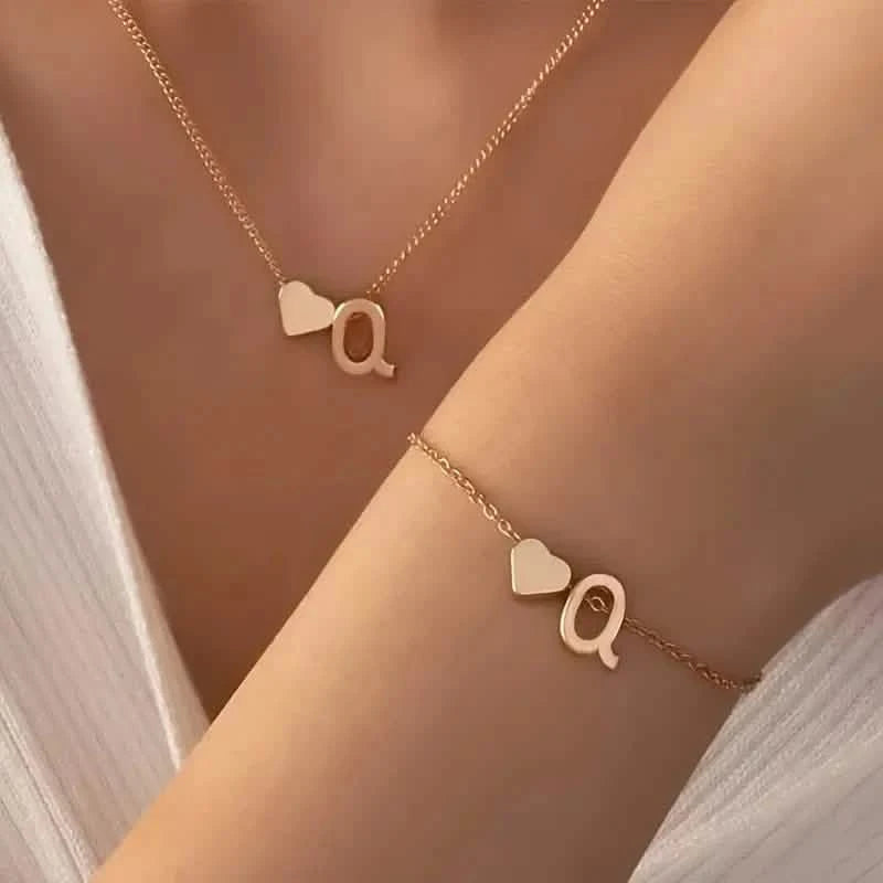 2-Piece Set: Metal Heart And English Letter Necklace And Bracelet Necklaces Q - DailySale