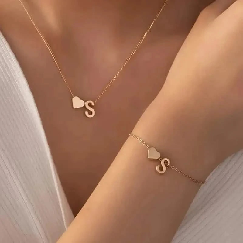 2-Piece Set: Metal Heart And English Letter Necklace And Bracelet Necklaces S - DailySale