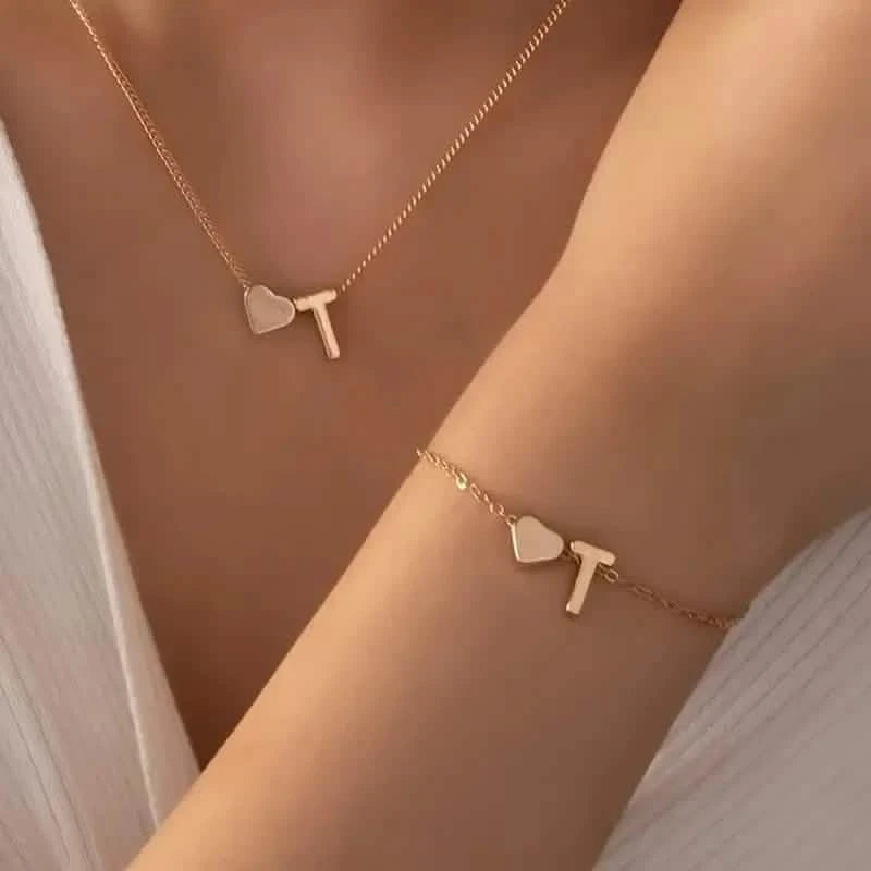 2-Piece Set: Metal Heart And English Letter Necklace And Bracelet Necklaces T - DailySale