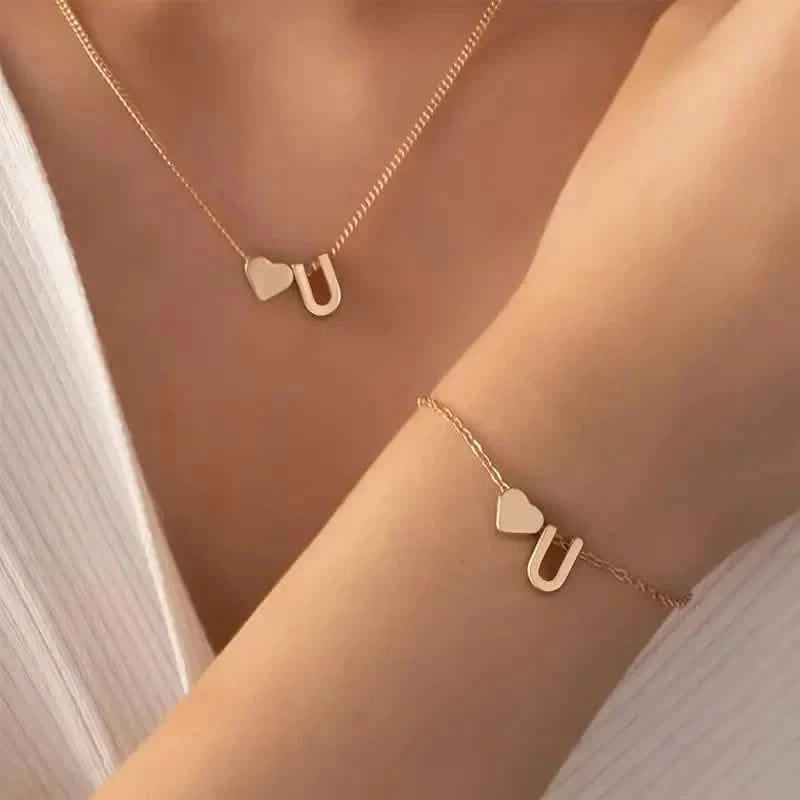 2-Piece Set: Metal Heart And English Letter Necklace And Bracelet Necklaces U - DailySale
