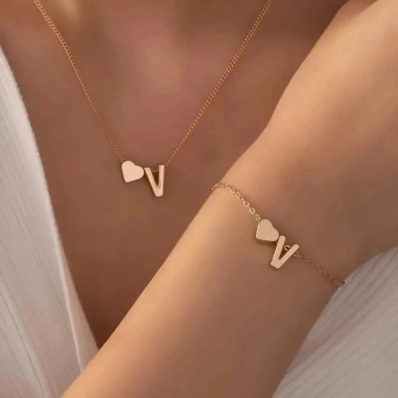 2-Piece Set: Metal Heart And English Letter Necklace And Bracelet Necklaces V - DailySale