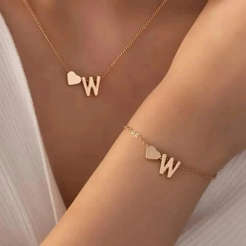 2-Piece Set: Metal Heart And English Letter Necklace And Bracelet Necklaces W - DailySale