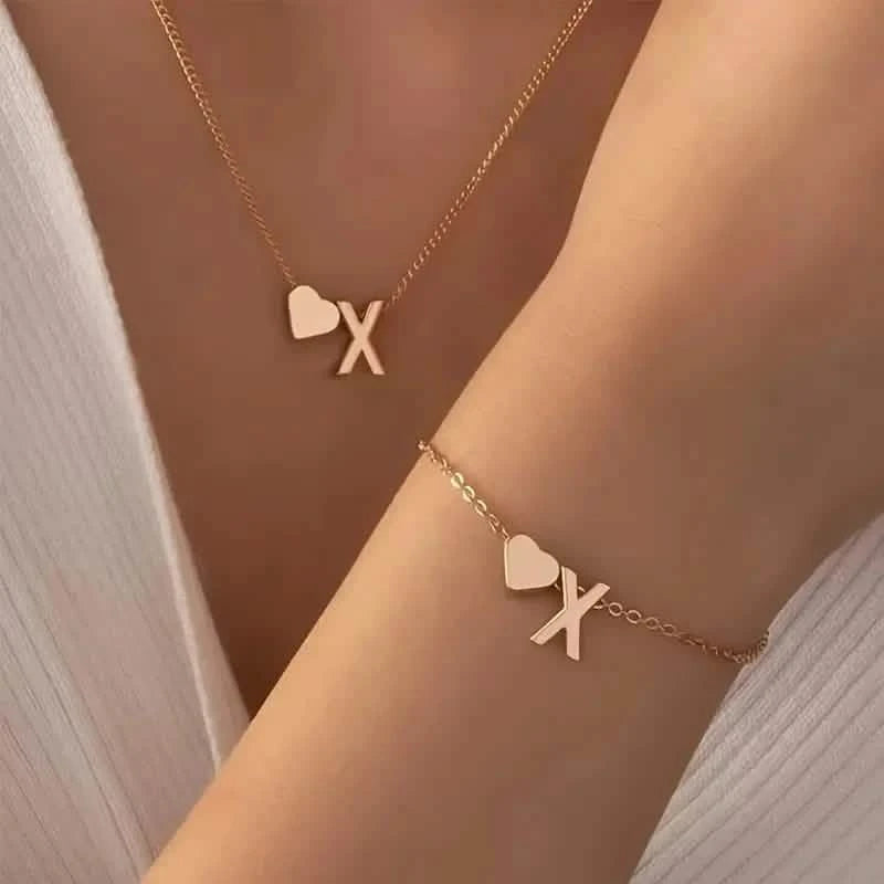 2-Piece Set: Metal Heart And English Letter Necklace And Bracelet Necklaces X - DailySale