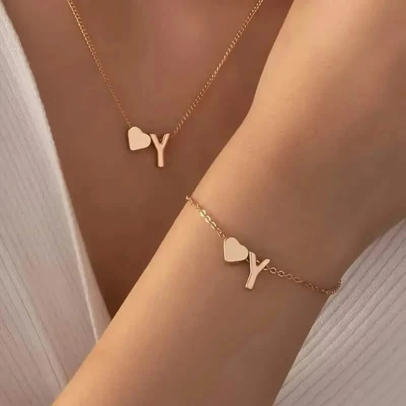 2-Piece Set: Metal Heart And English Letter Necklace And Bracelet Necklaces Y - DailySale